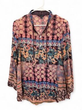 John Mark Boho Eclectic Patchwork Tunic Blouse Small Textured Floral Geometric